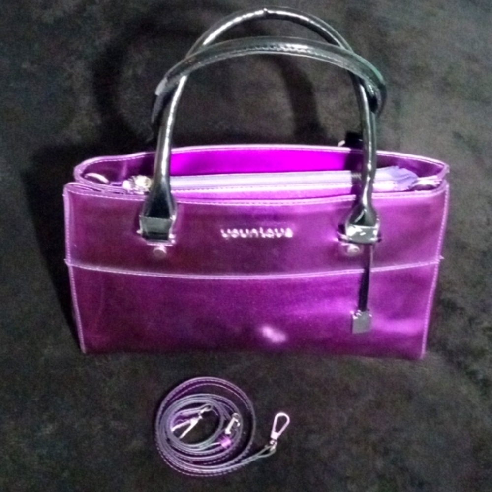 Metallic Purple Double Strap Shoulder Bag with Silver Hardware/Zippers & Snaps